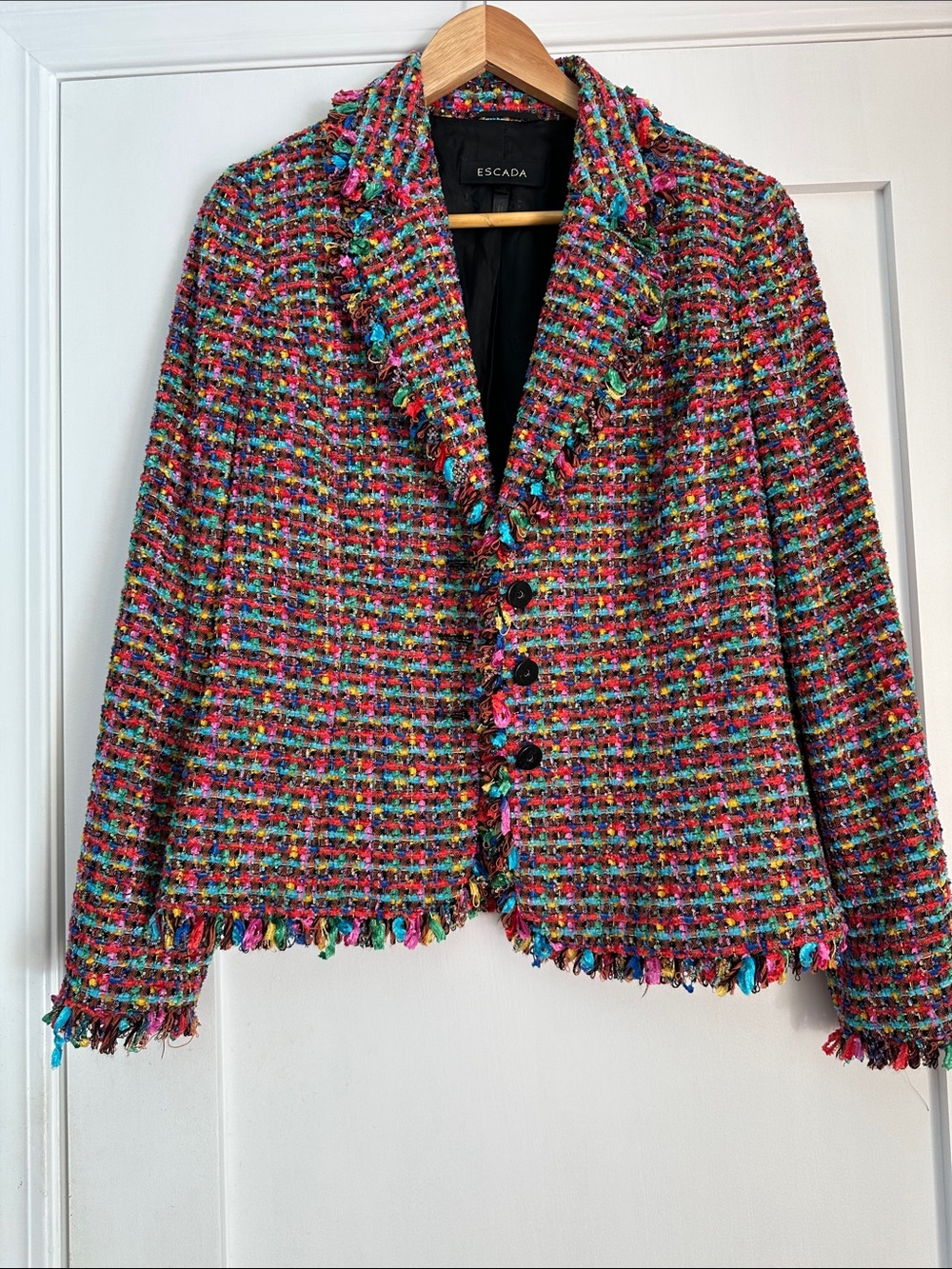 Escada Multicolor Tweed Fringe-Trim Blazer